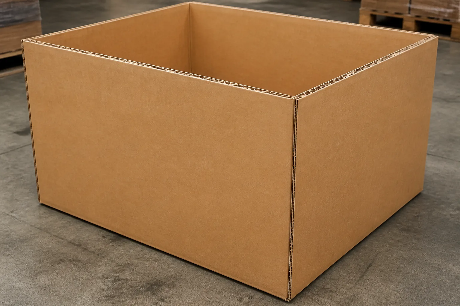 An open double-wall carton on a warehouse floor