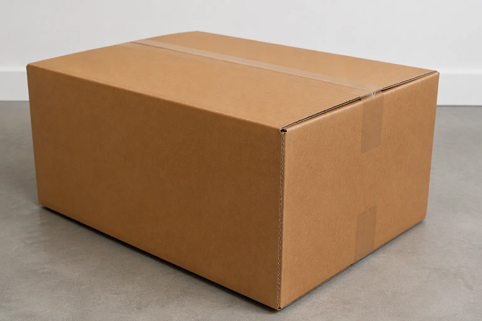A closed corrugated shipping carton showing its folded edges and taped top seam