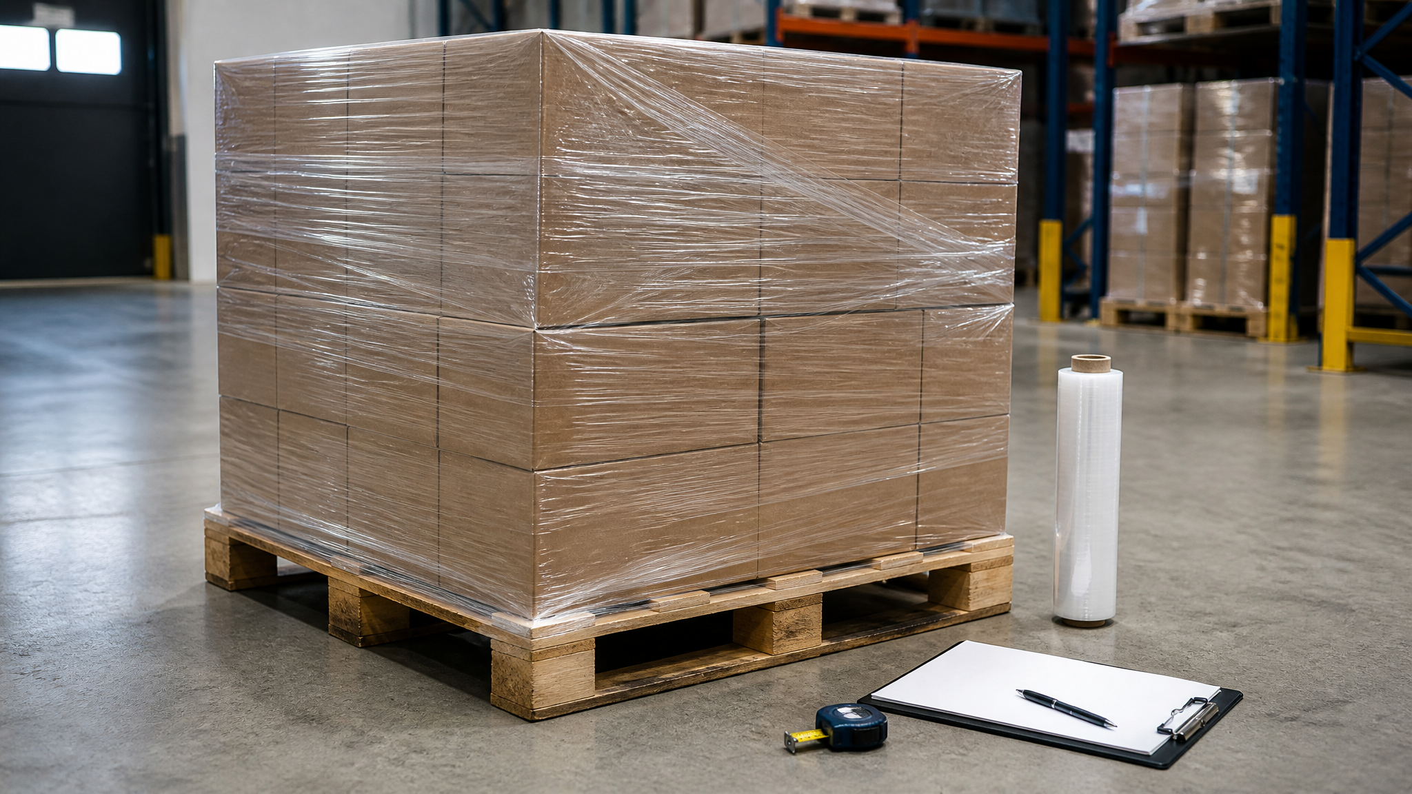 A palletized load wrapped with clear stretch film beside a blank inspection checklist