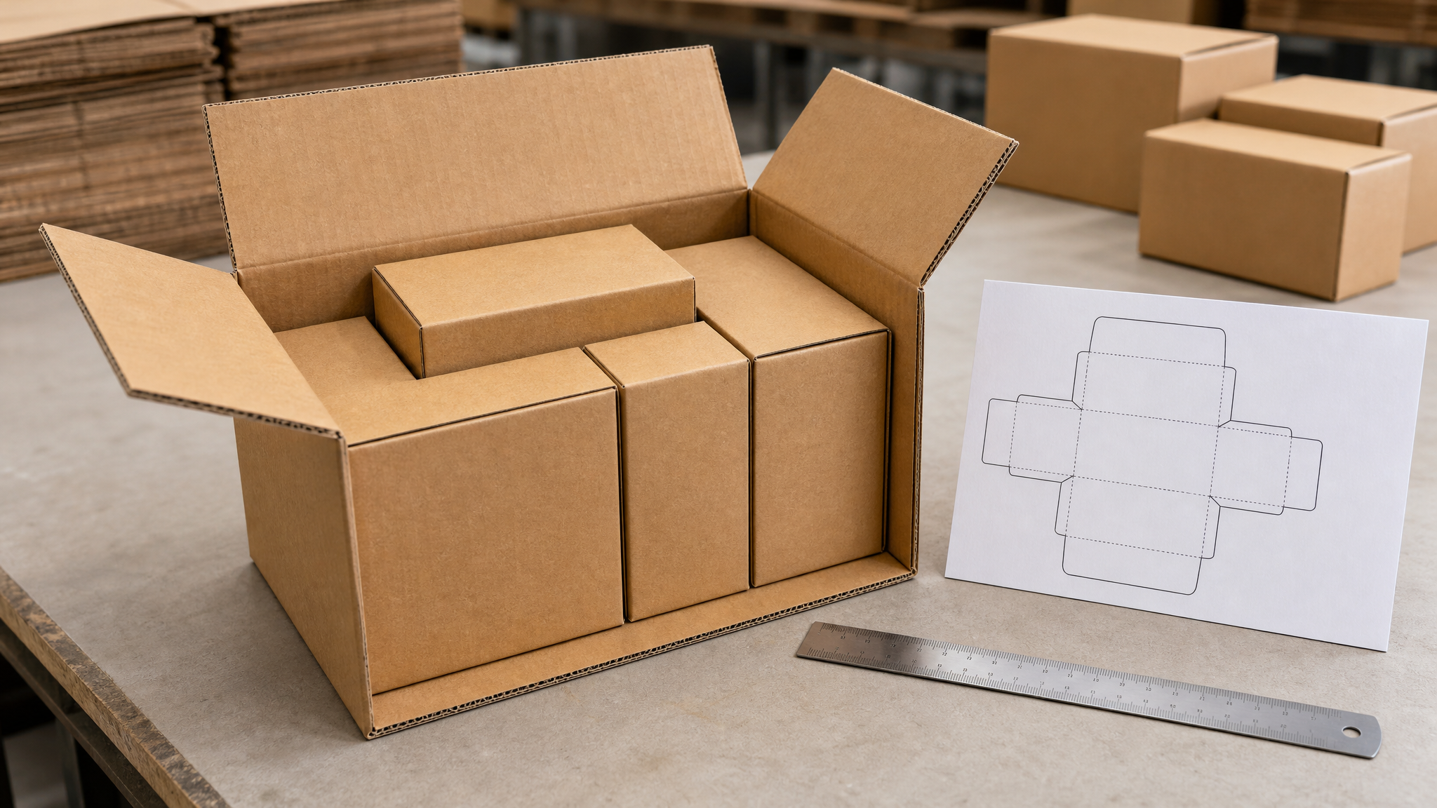 An open corrugated carton with a blank dimension sketch and ruler