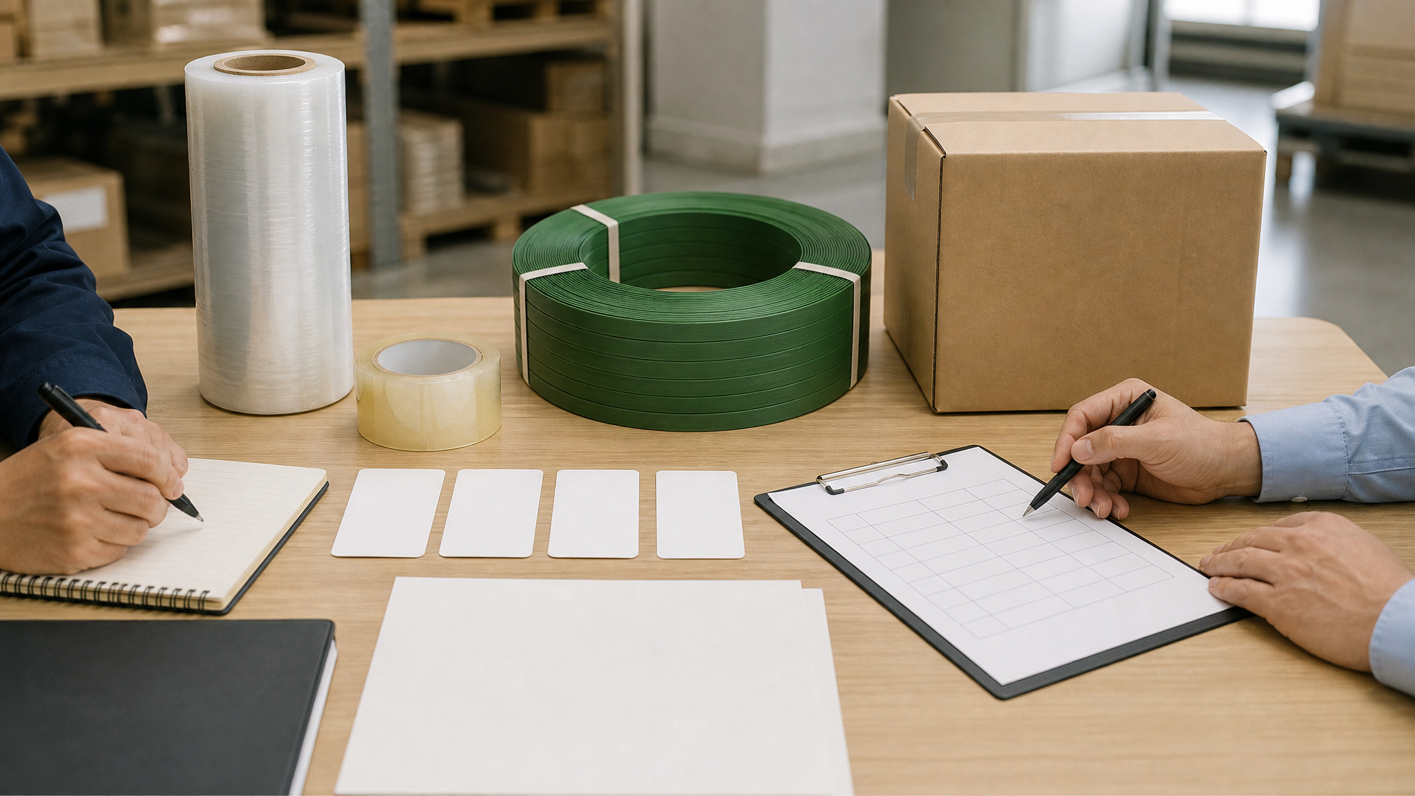 Packaging rolls, strapping, and cartons prepared for a supplier specification meeting
