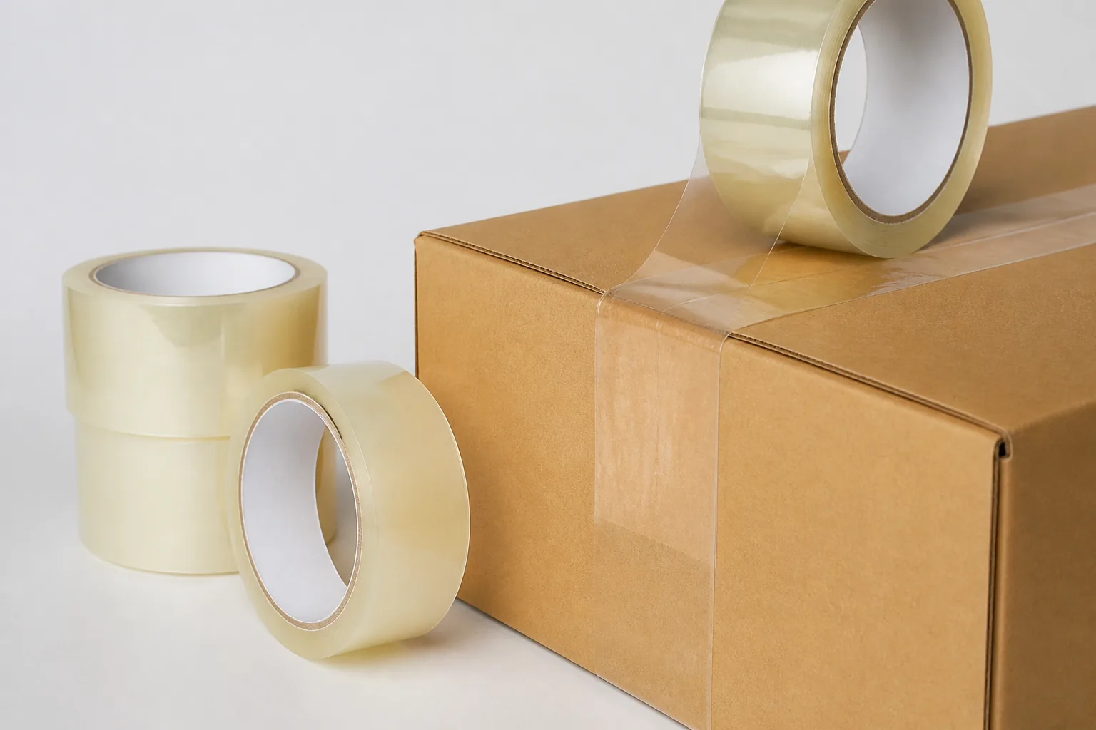 Clear packing tape being applied across the seam of a corrugated carton