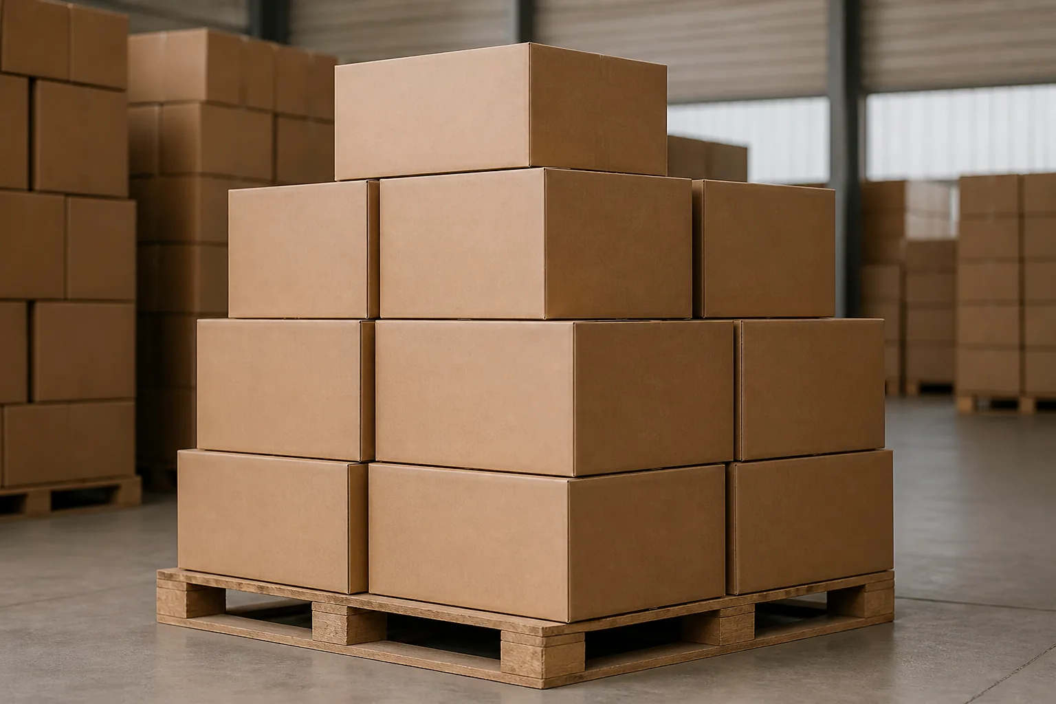Shipping cartons stacked on a pallet in a warehouse