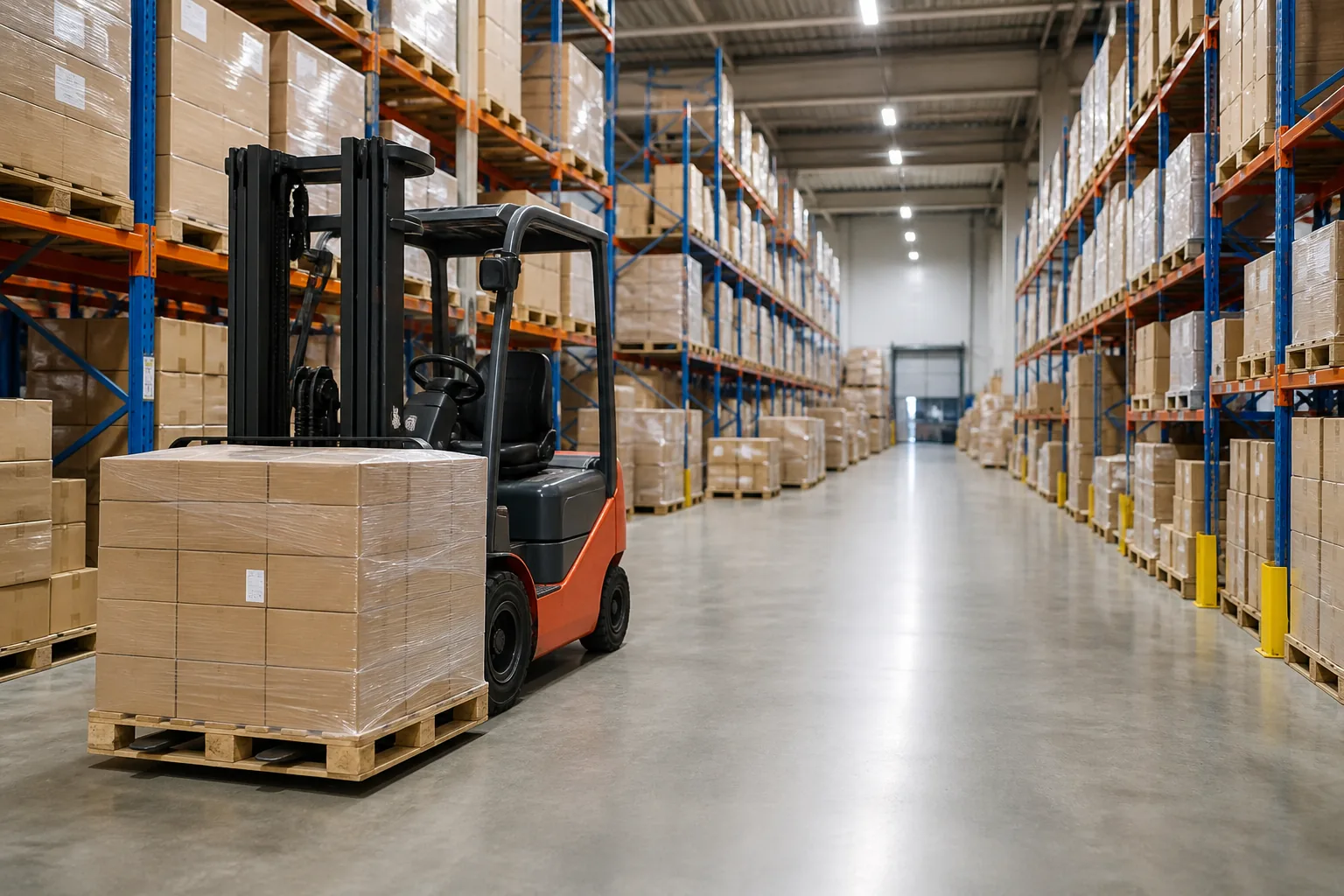Palletized cartons in a warehouse aisle