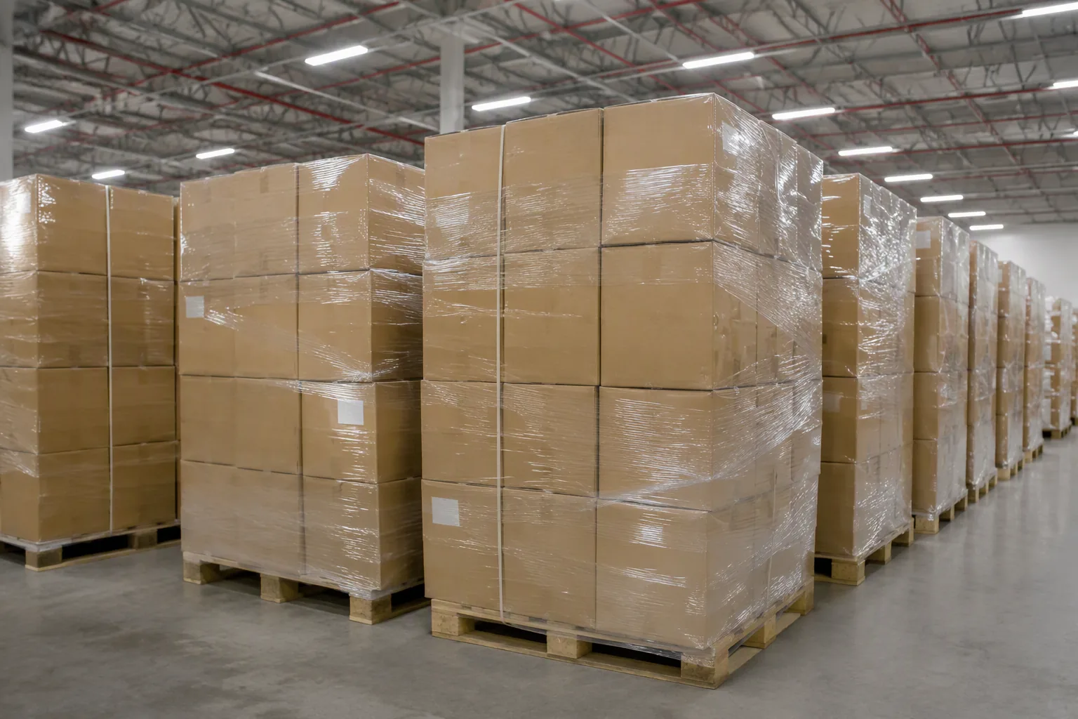 Palletized cartons arranged for warehouse handling and shipment