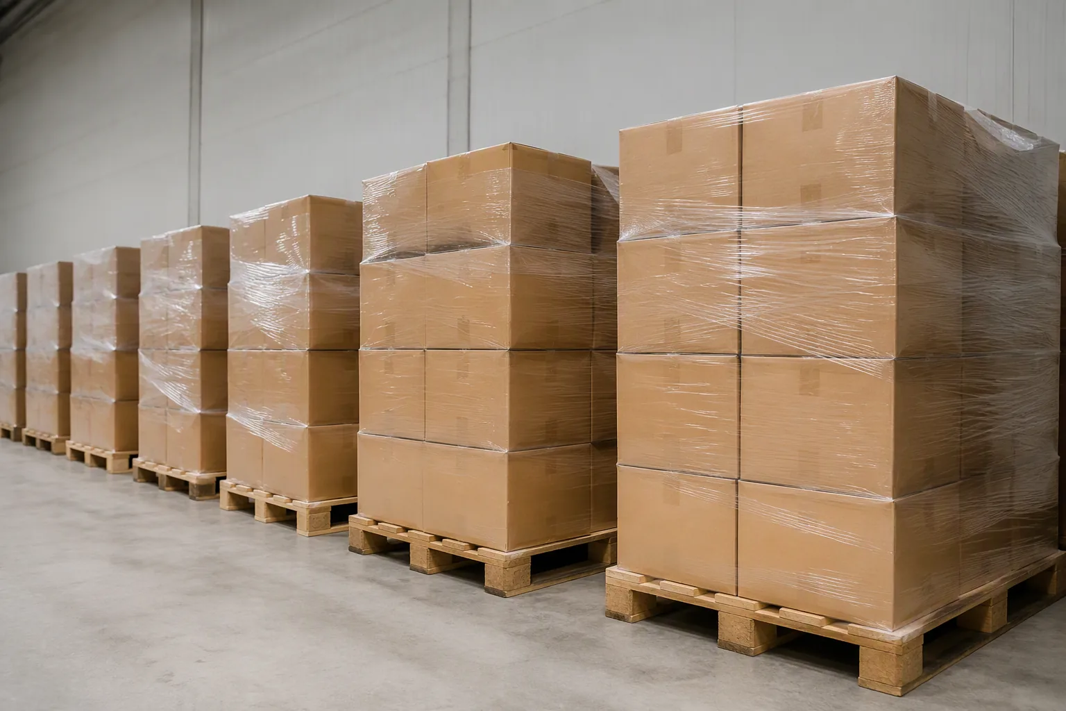 Cartons stacked on pallets and wrapped for warehouse handling